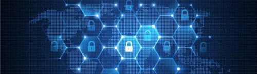 Blue graphic design of hexagons with padlocks over world map